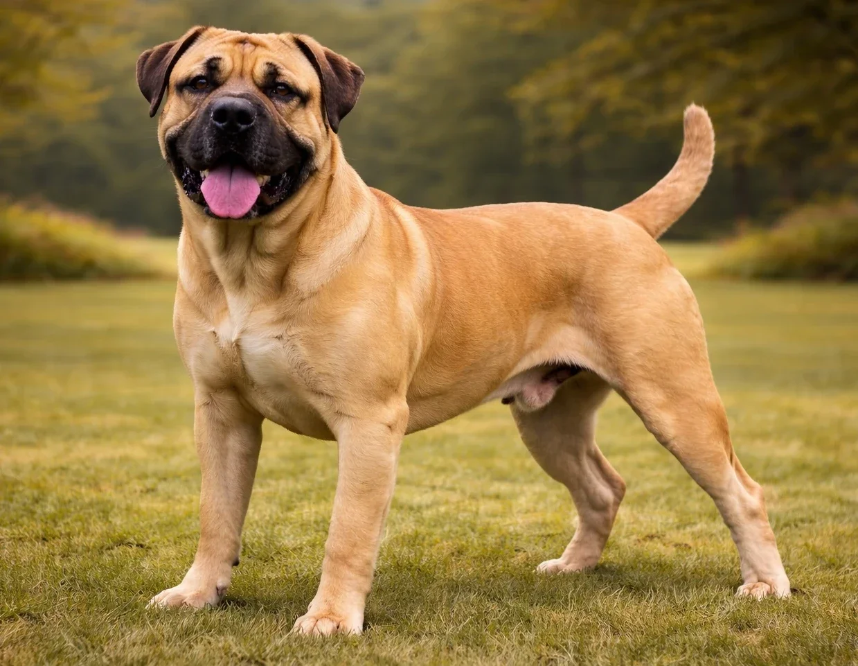 &Ccedil;imlerde ayakta duran ve kameraya bakan bir boerboel k&ouml;pek