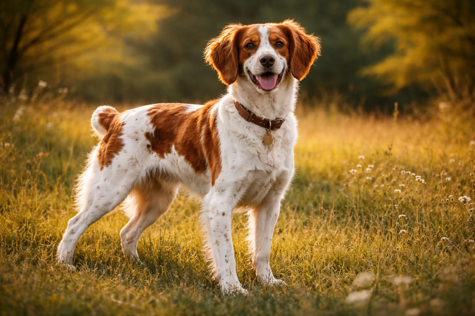 &Ccedil;ayırda ayak duran ve kameraya bakan bir Brittany K&ouml;pek