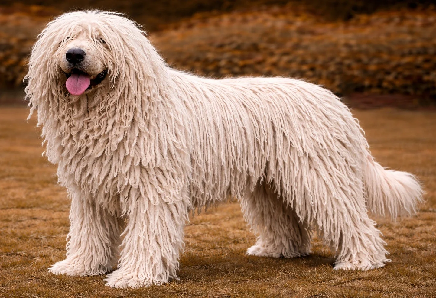 Bah&ccedil;ede ayakta duran ve kameraya bakan bir komondor k&ouml;pek