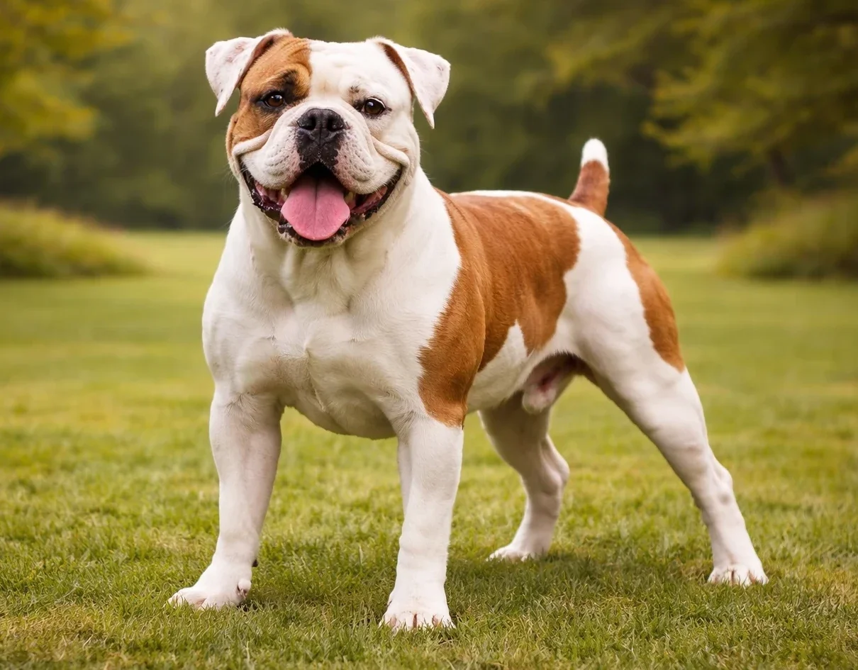 &Ccedil;imlerde ayakta duran ve kameraya bakan bir amerikan bulldog k&ouml;pek