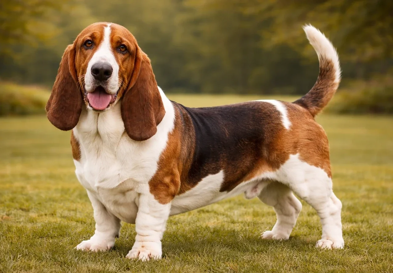 &Ccedil;imlerde ayakta duran ve kameraya bakan bir basset hound k&ouml;pek