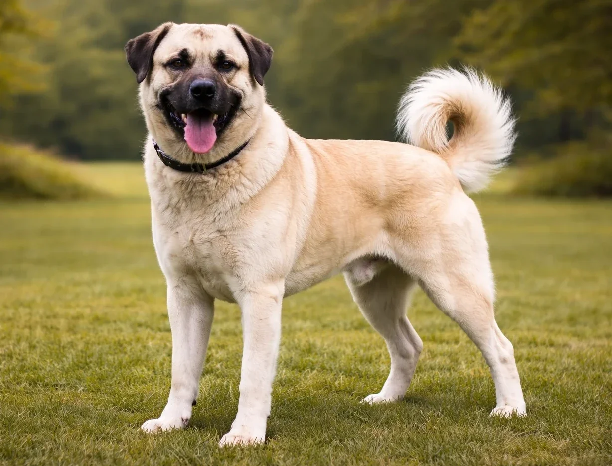 &Ccedil;imlerde ayakta duran ve kameraya bakan bir anadolu &ccedil;oban k&ouml;peği