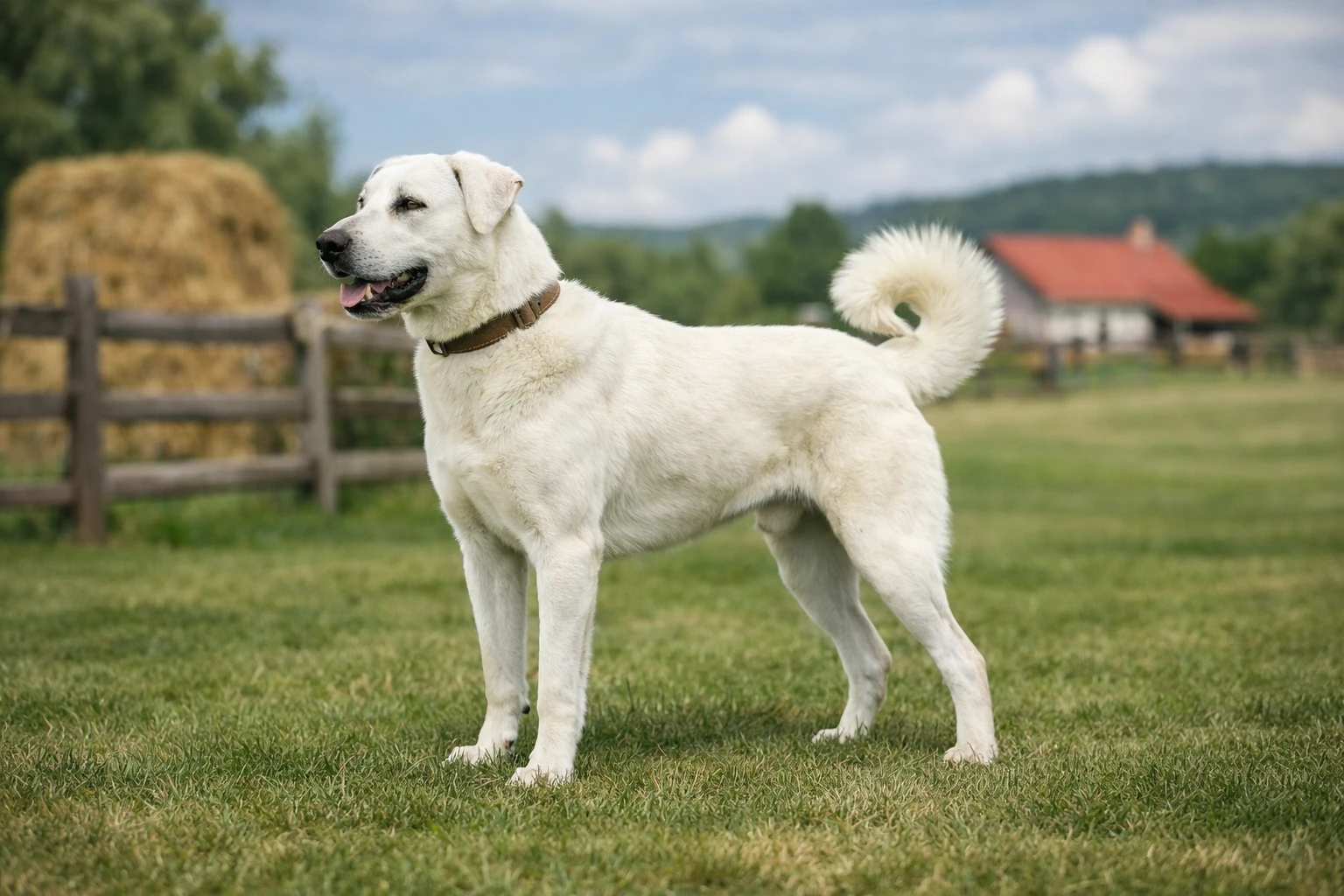 K&ouml;yde, bah&ccedil;ede ayakta duran bir Akbaş k&ouml;pek