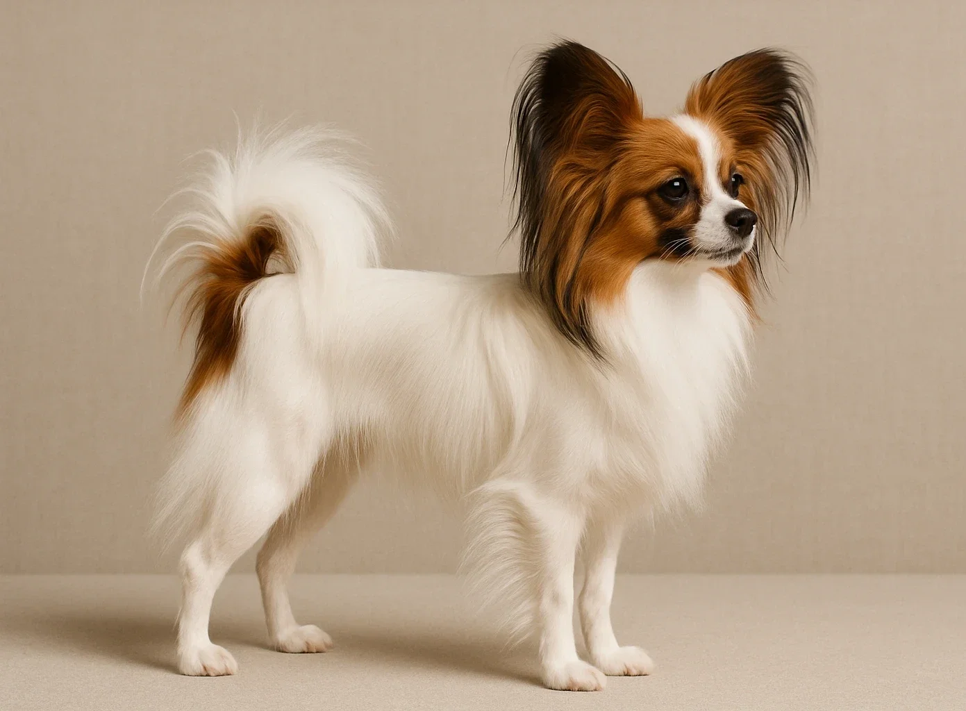 Ayakta sağ tarafa bakan papillon k&ouml;pek
