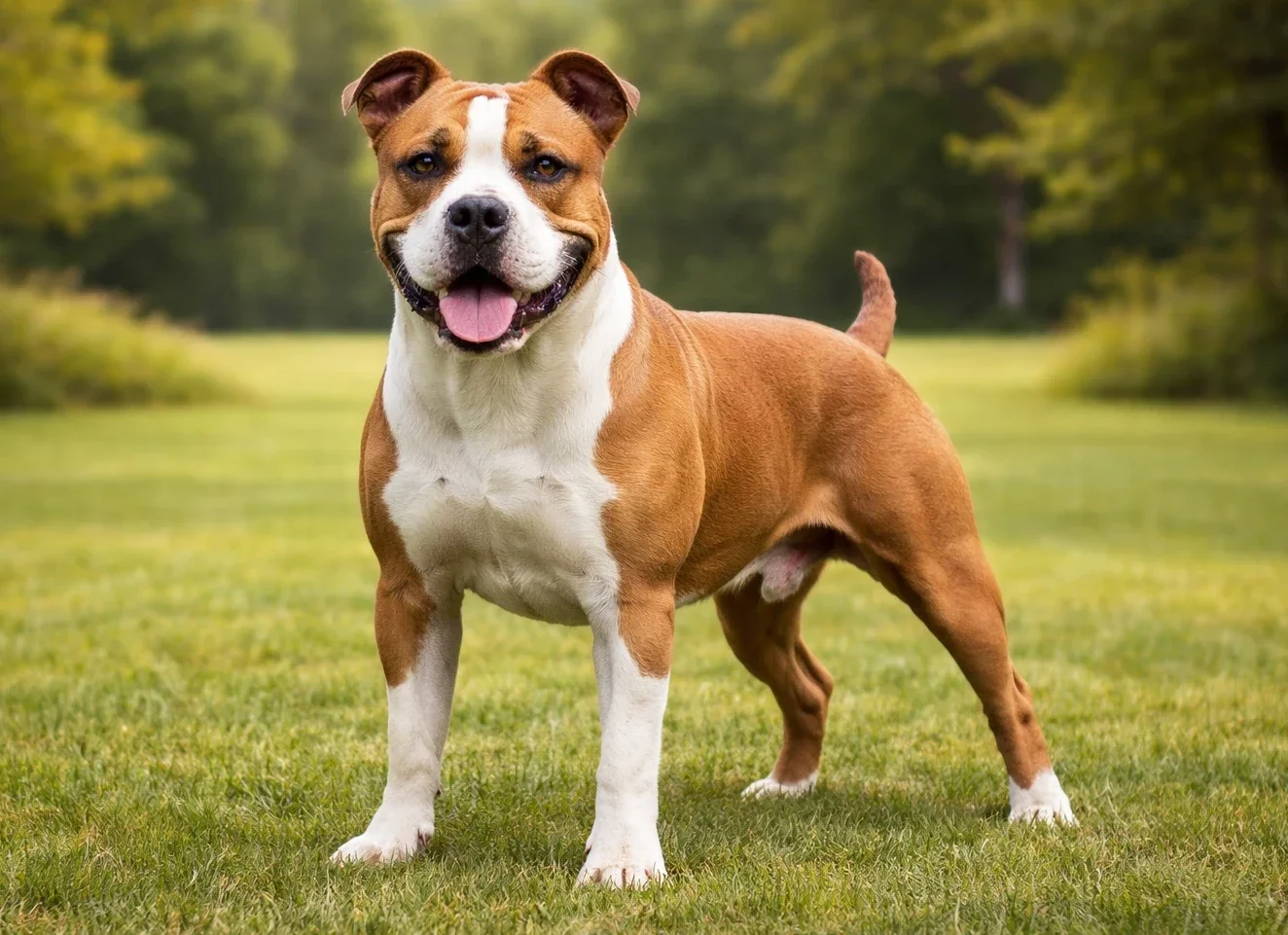 Doğa ayakta kameraya bakan bir amerikan staffordshire k&ouml;pek