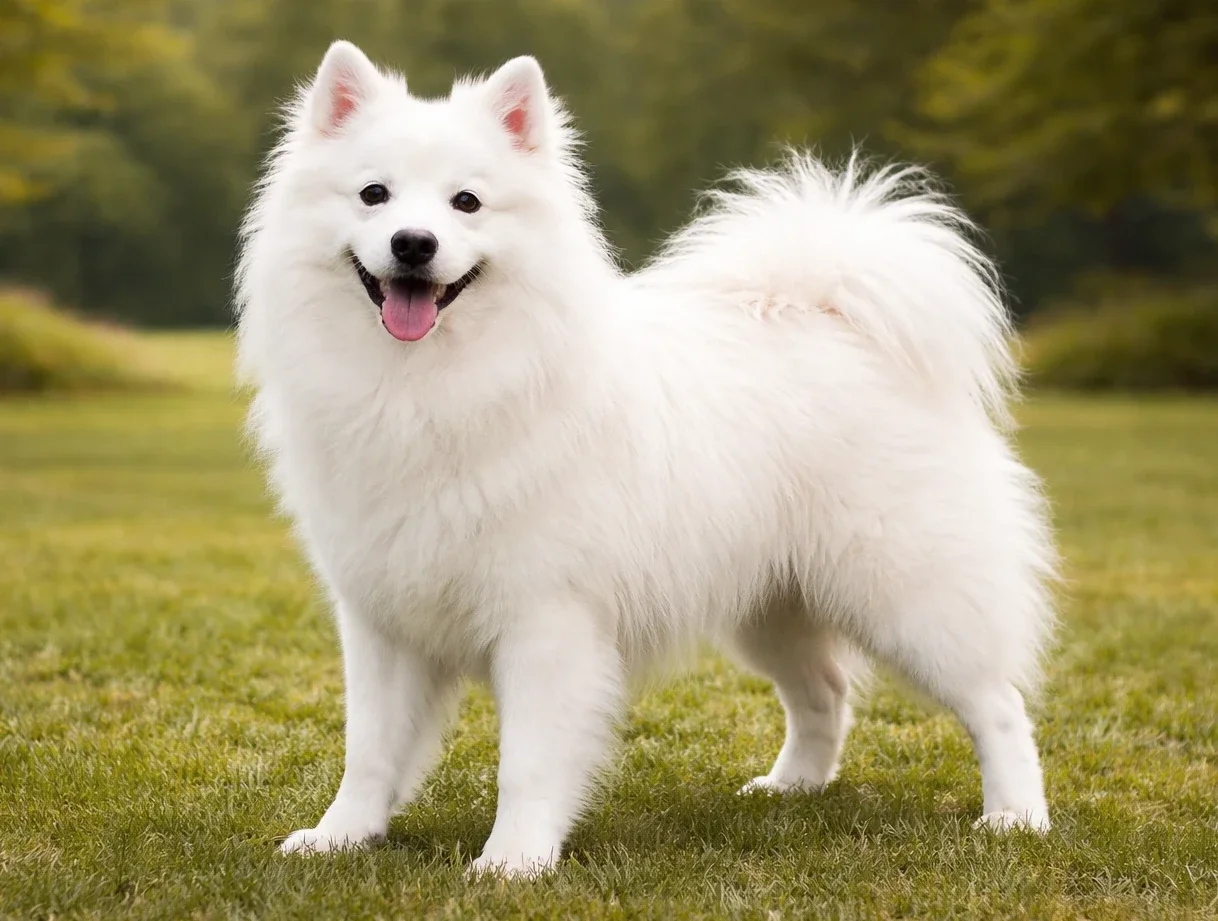 &Ccedil;imlerde ayakta duran ve kameraya bakan bir Amerikan Eskimo K&ouml;peği